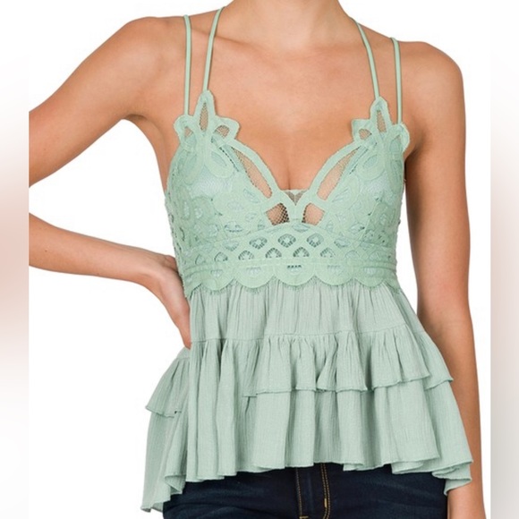 Zenana Outfitters Tops Dusty Green Lace Crochet Cami Boho Tank Top